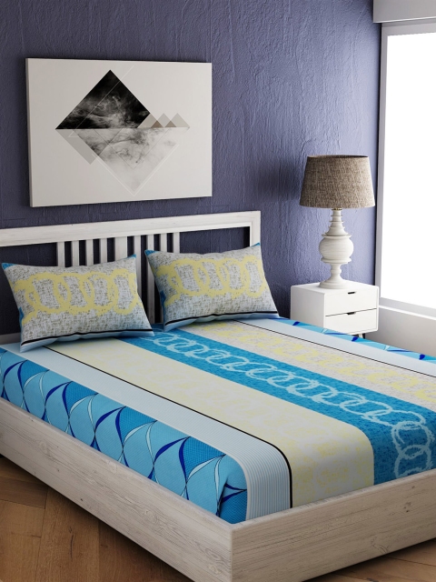 

EverHOME Yellow & Blue Geometric 144 TC Cotton 1 Queen Bedsheet with 2 Pillow Covers