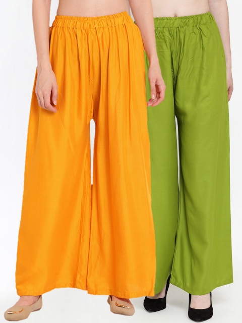 

TAG 7 Women Pack Of 2 Green & Yellow Solid Flared Palazzos