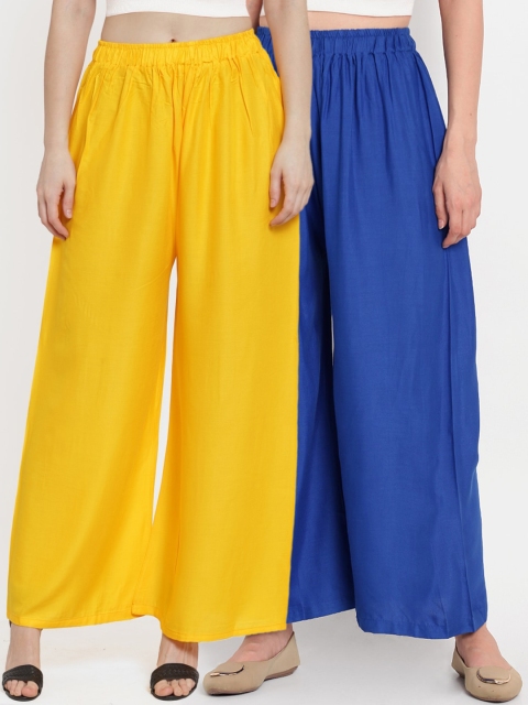 

TAG 7 Women Pack Of 2 Yellow & Blue Solid Flared Palazzos
