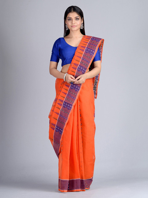 

Mitera Orange & Navy Blue Pure Cotton Woven Design Taant Saree