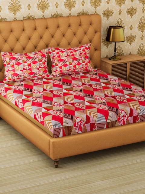 

METRO LIVING Red & Beige Geometric 120 TC Cotton 1 Queen Bedsheet with 2 Pillow Covers