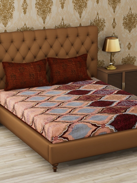 

METRO LIVING Maroon & Blue Ethnic Motifs 120 TC Cotton 1 Queen Bedsheet with 2 Pillow Covers