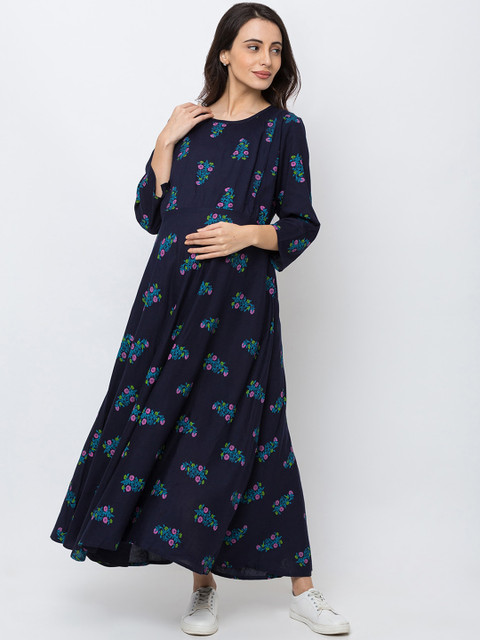 

MomToBe Women Navy Blue Printed Maternity & Feeding Maxi Dress