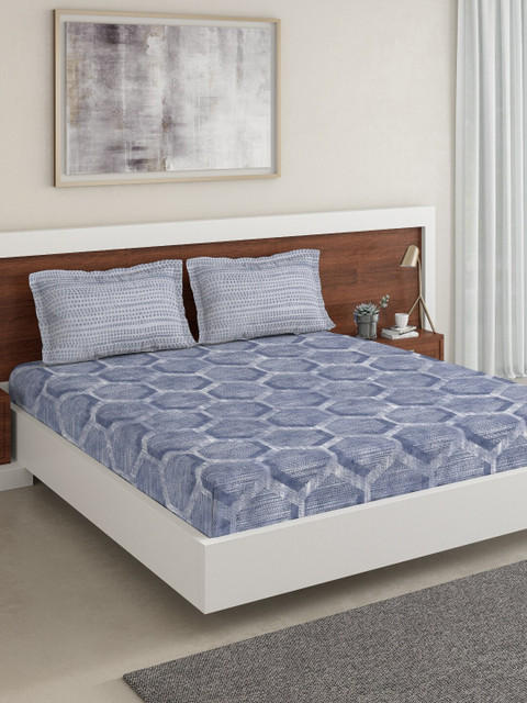 

DDecor Blue Geometric 180 TC Cotton 1 King Bedsheet with 2 Pillow Covers