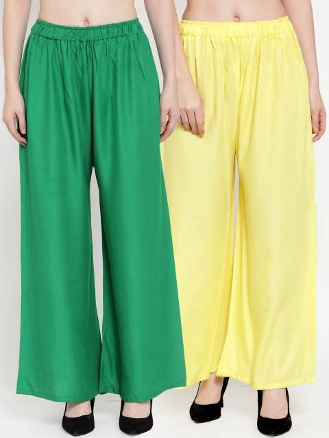 

TAG 7 Women Yellow & Green Pack of 2 Solid Flared Palazzos