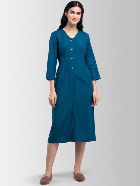 

FableStreet Women Teal Blue Solid Shirt Dress