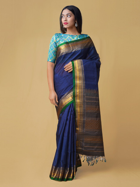 

Unnati Silks Blue & Gold Solid Silk Cotton Saree