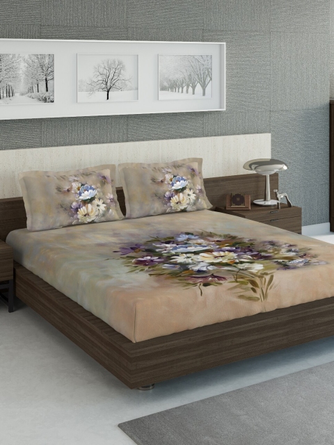

DDecor Beige & Blue Floral 300 TC Cotton 1 King Bedsheet with 2 Pillow Covers