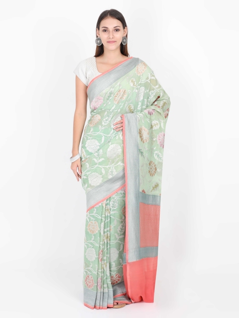 

SABOO COLLECTIONS Sea Green Pure Georgette Woven Design Banarasi Saree