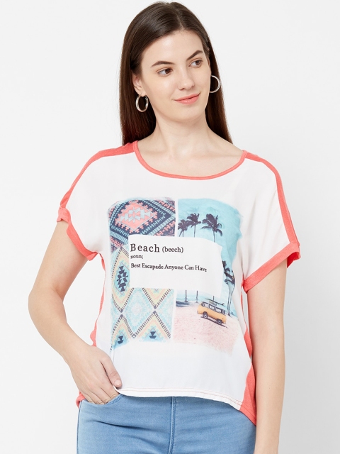 

Juliet Women White & Coral Orange Printed Top