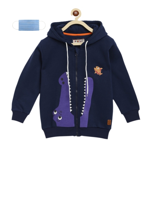 

Lil Tomatoes Boys Navy Blue Purple Printed Hooded Sweatshirt