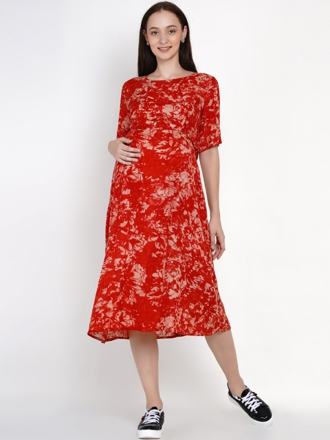 

Mine4Nine Women Red & White Floral Print Maternity A-Line Dress