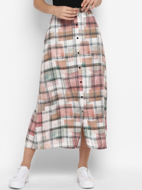 

FOSH Women White & Pink Checked High-Rise A-Line Midi Skirt