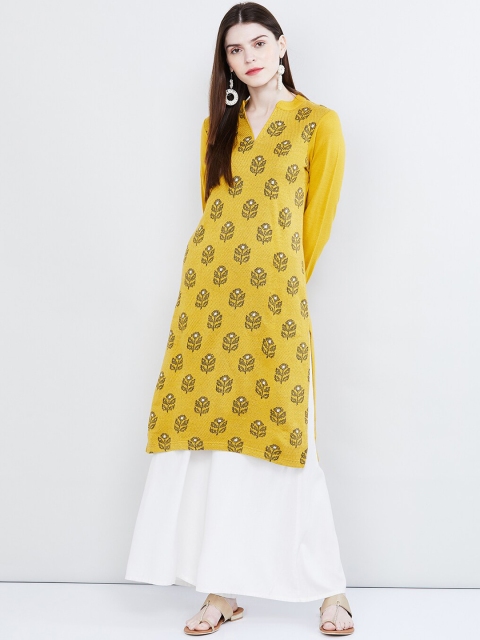 

max Women Mustard Yellow & Black Printed A-Line Kurta