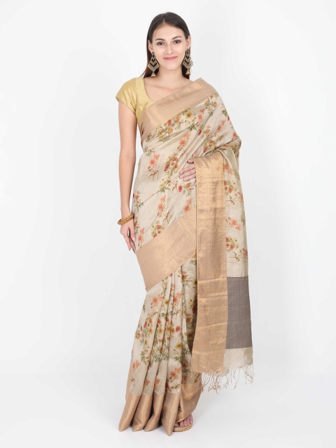 

SABOO COLLECTIONS Gold-Toned & Beige Tissue Printed Saree