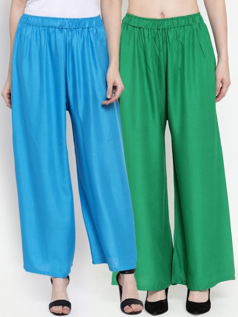 

TAG 7 Women Green & Blue Pack of 2 Solid Flared Palazzos