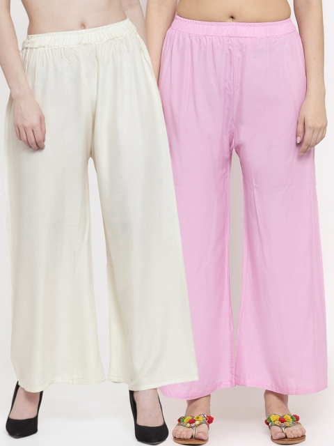 

TAG 7 Women Set Of 2 Pink & Off-White Solid Straight Palazzos