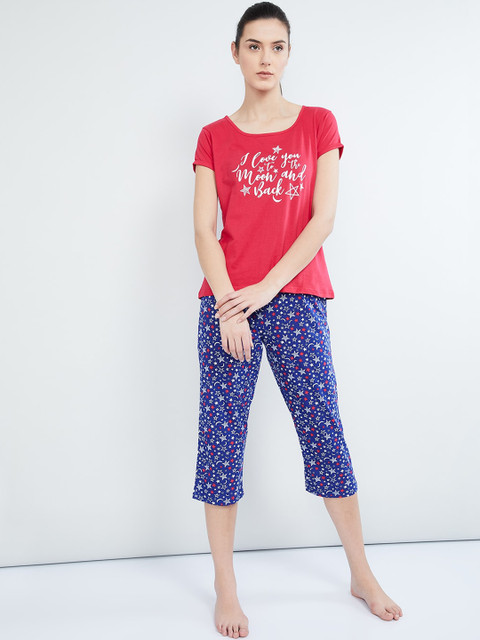 

max Women Red & Blue Printed Night suit