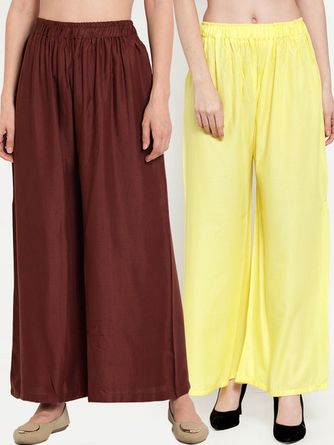 

TAG 7 Women Pack of 2 Solid Wide Leg Palazzos, Yellow