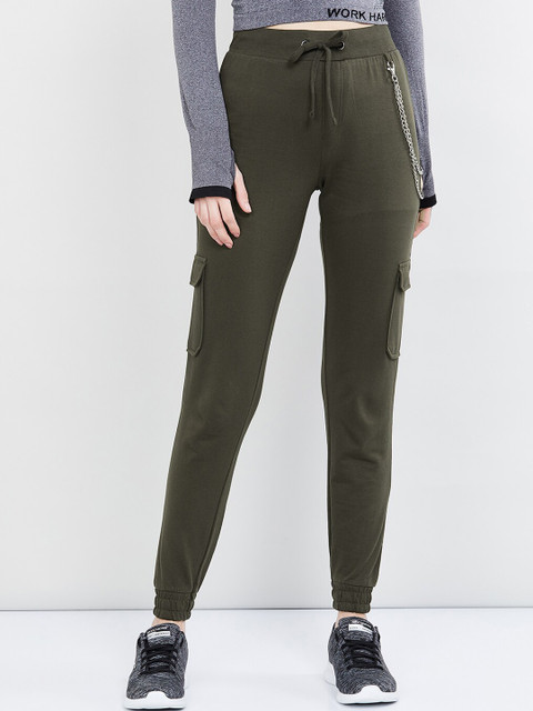 

max Women Olive Green Solid Slim-Fit Joggers