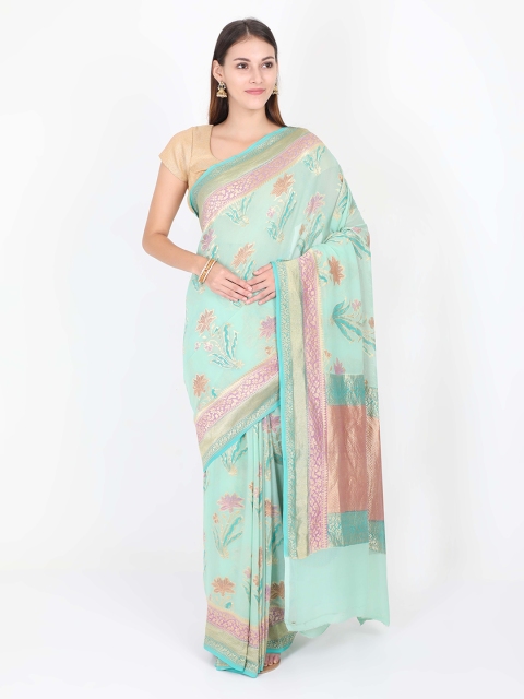 

SABOO COLLECTIONS Green & Pink Pure Georgette Printed Banarasi Saree