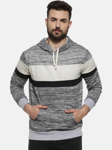 

Campus Sutra Men Grey Striped Hooded Sweatshirt