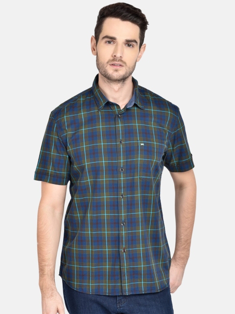 

Basics Men Green & Blue Slim Fit Checked Casual Shirt