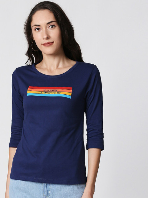 

Bewakoof Women Blue Printed Round Neck T-shirt