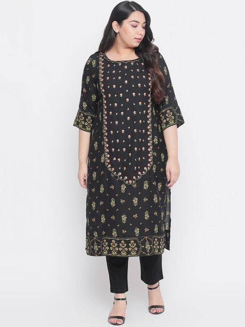 

Amydus Women Black & Red Floral Embroidered Straight Kurta