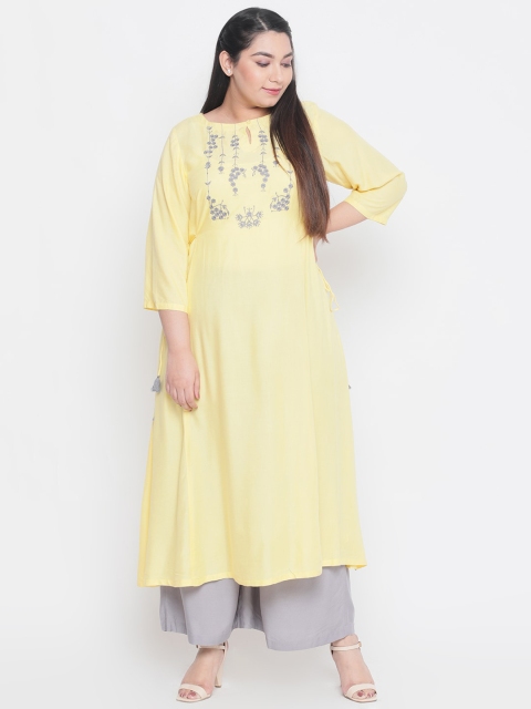 

Amydus Women Yellow & Grey Embroidered A-Line Kurta