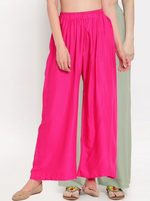

TAG 7 Women Pack Of 2 Green & Pink Solid Flared Palazzos