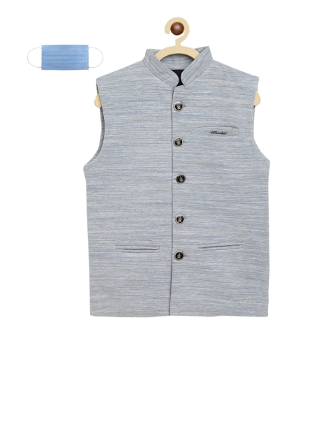 

Lil Tomatoes Boys Blue Woven Design Nehru Jacket With Mask
