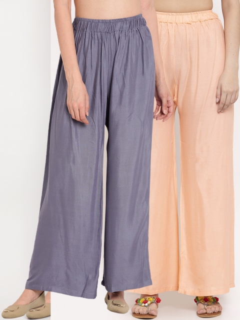 

TAG 7 Women Pack Of 2 Solid Flared Palazzos, Peach