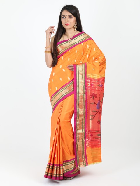 

SABOO COLLECTIONS Orange Pure Silk Woven Design Paithani Saree