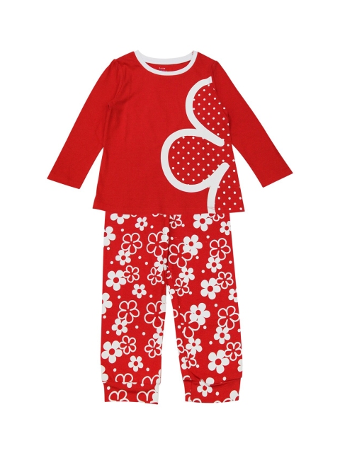 

ventra Girls Red & White Floral Printed Night suit