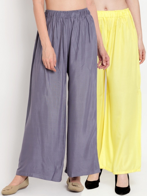 

TAG 7 Women Set of 2 Solid Flared Palazzos, Yellow