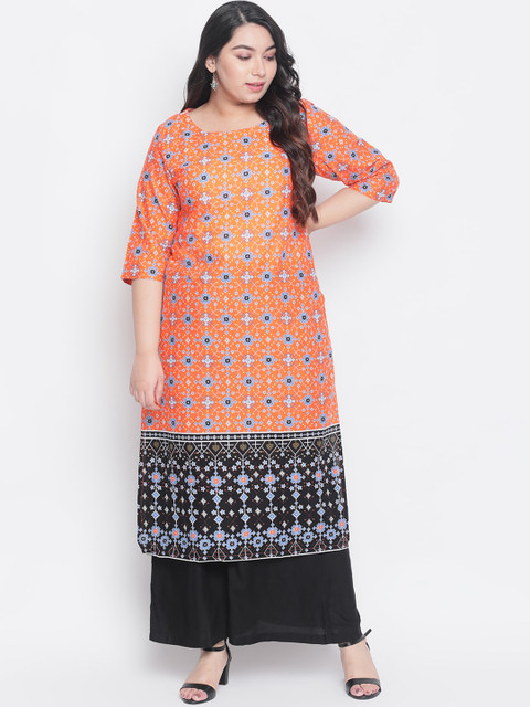 

Amydus Women Orange & Black Printed Straight Kurta