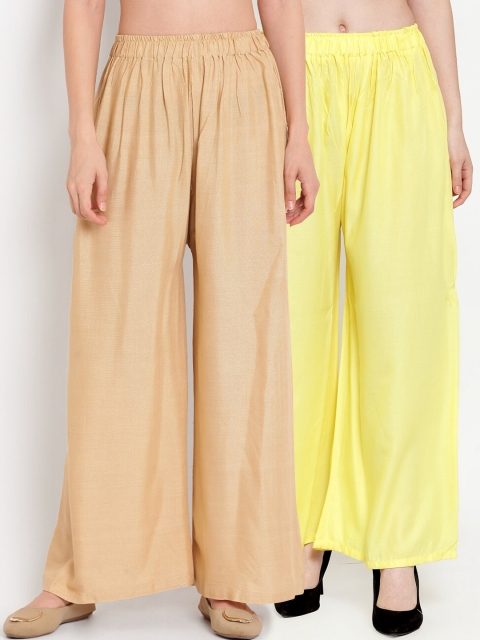 

TAG 7 Women Pack Of 2 Yellow & Beige Solid Flared Palazzos