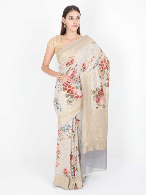 

SABOO COLLECTIONS Grey & Gold-Coloured Pure Georgette Woven Design Banarasi Saree