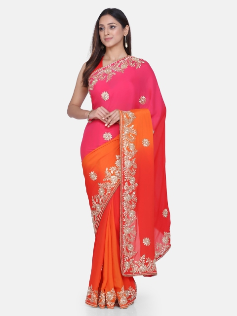 

BOMBAY SELECTIONS Red & Orange Poly Crepe Embroidered Dharmavaram Saree