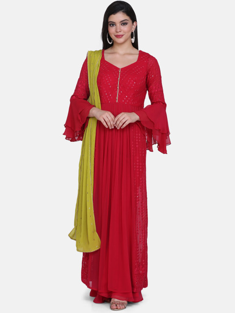 

BOMBAY SELECTIONS Women Red Embroidered Kurta with Palazzos & Dupatta