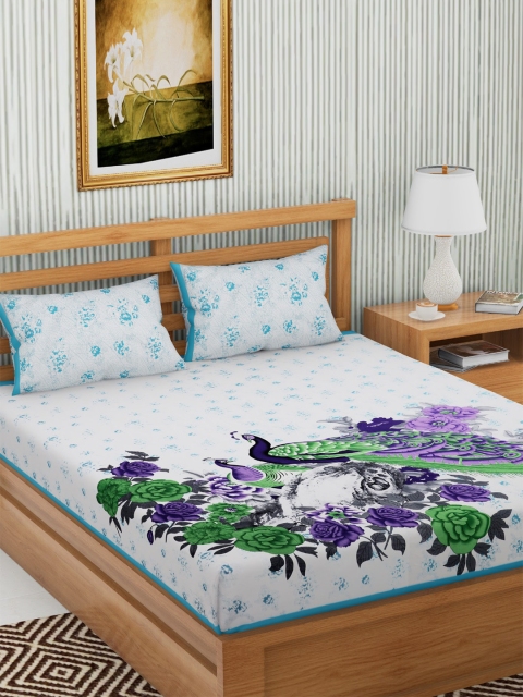 

METRO LIVING White & Turquoise Blue Floral 144 TC Cotton 1 King Bedsheet with 2 Pillow Covers