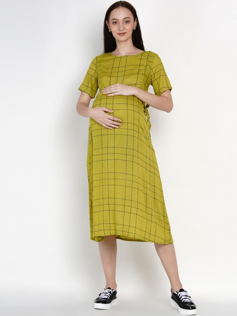 

Mine4Nine Women Green Checked A-Line Maternity Dress