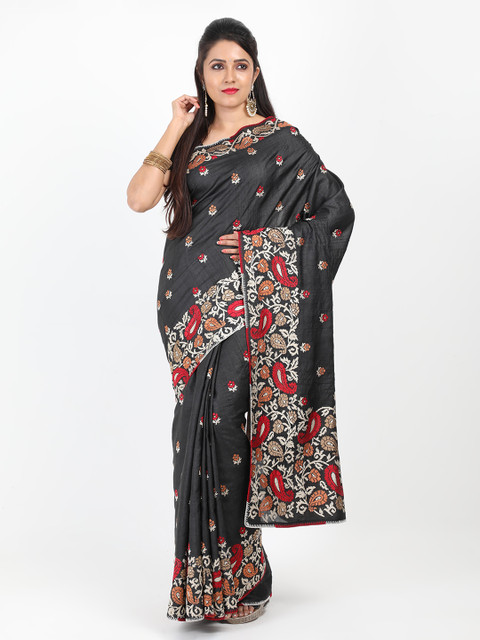 

SABOO COLLECTIONS Black Pure Silk Printed Tussar Saree