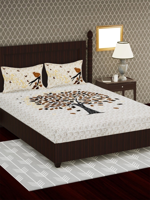 

METRO LIVING Off-White & Brown Floral 104 TC Cotton 1 Queen Bedsheet with 2 Pillow Covers