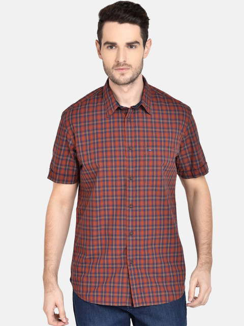 

Basics Men Brown & Navy Blue Slim Fit Checked Casual Shirt