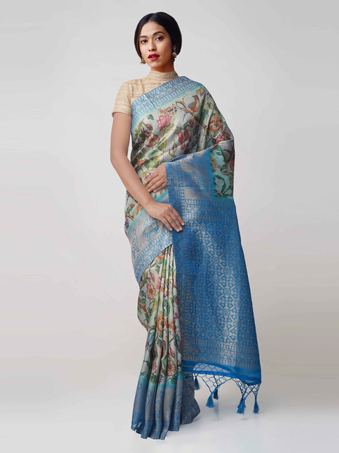 

Unnati Silks Blue & Green Silk Cotton Floral Print Banarasi Saree
