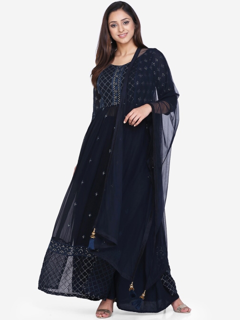 

BOMBAY SELECTIONS Women Navy Blue Embroidered Kurta with Palazzos & Dupatta