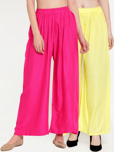 

TAG 7 Women Pack Of 2 Yellow & Pink Solid Flared Palazzos