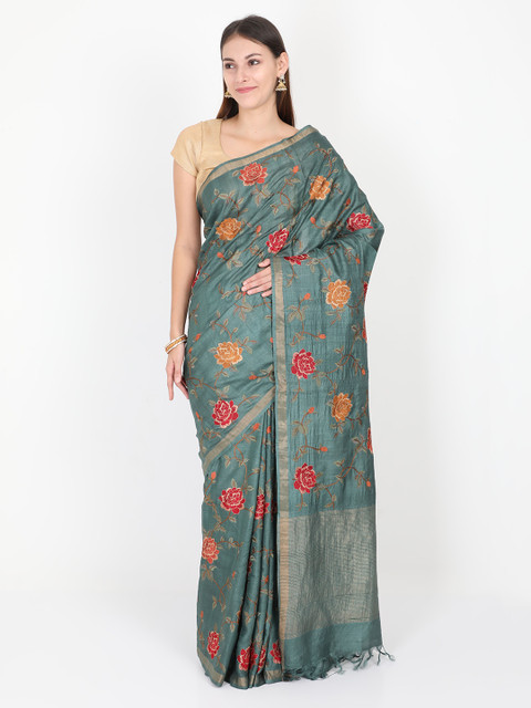 

SABOO COLLECTIONS Green & Red Pure Silk Embroidered Tussar Saree